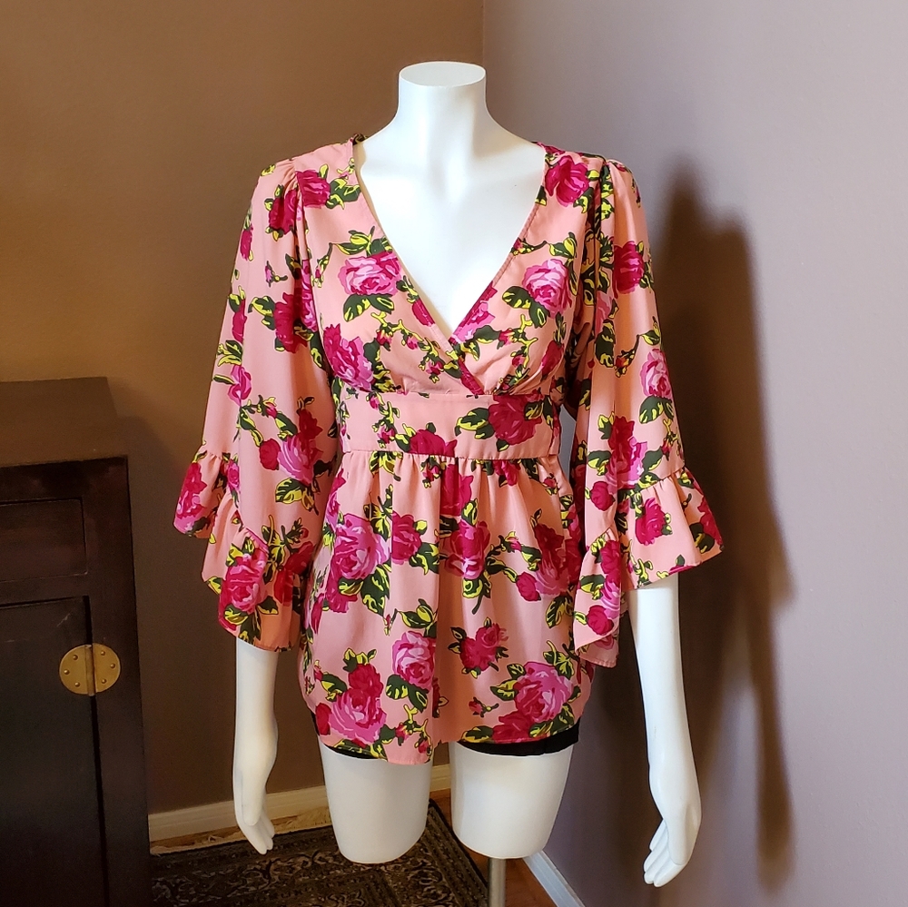 BETSEY JOHNSON pink rose print blouse S